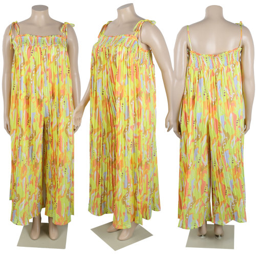Sexy printed drawstring pleated wide leg drawstring jumpsuit