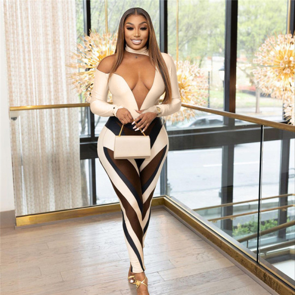 Women's Fashion Sexy Spicy Girl Mesh Splice Perspective High Waist Slim Fit Jumpsuit