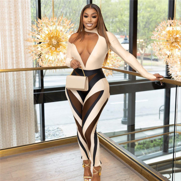 Women's Fashion Sexy Spicy Girl Mesh Splice Perspective High Waist Slim Fit Jumpsuit