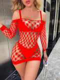 Sexy long sleeved women's transparent hollowed out stockings, tight mesh suit, one piece