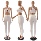 Solid color diagonal shoulder hollowed out tank top and pants sports two-piece set