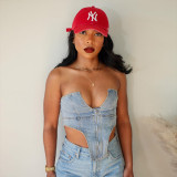 Open back zipper irregular wash denim bra