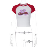 Cherry print pattern patchwork contrast short sleeved T-shirt top
