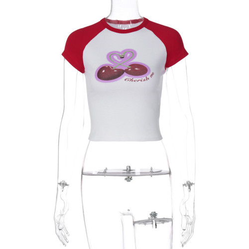Cherry print pattern patchwork contrast short sleeved T-shirt top