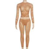 Lace Mesh Hollow Hole High Waist Tight Pants Set