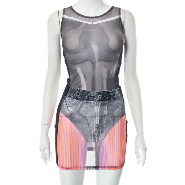 Sexy navel exposed short sleeved celebrity set with hip wrap skirt two-piece set