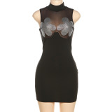 Fashion Sleeveless Diamonds Sexy Mesh Splice Perspective High Waist Wrapped Hip Slim Fit Dress