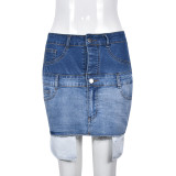 Tassel contrasting color patchwork denim skirt