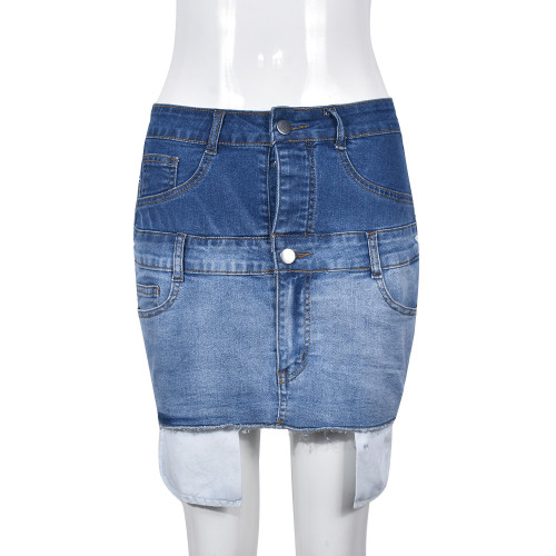 Tassel contrasting color patchwork denim skirt