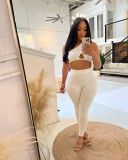Solid color diagonal shoulder hollowed out tank top and pants sports two-piece set