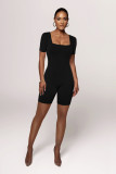 Women's solid color short sleeved large neckline fashionable and comfortable pit stripe sports jumpsuit