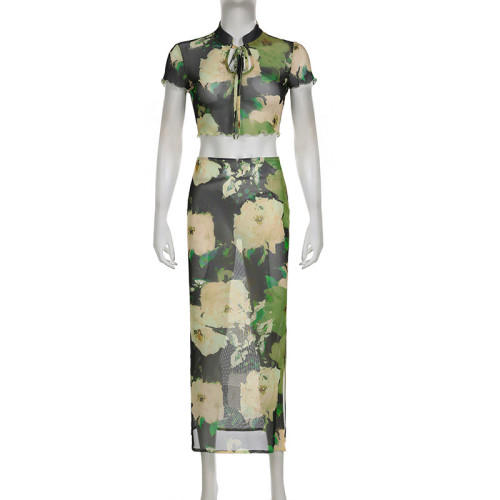 Disc buckle stand collar hollowed out mesh navel exposed pullover top+high waisted half length skirt set