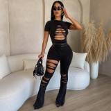 Perforated short sleeved top and pants casual set