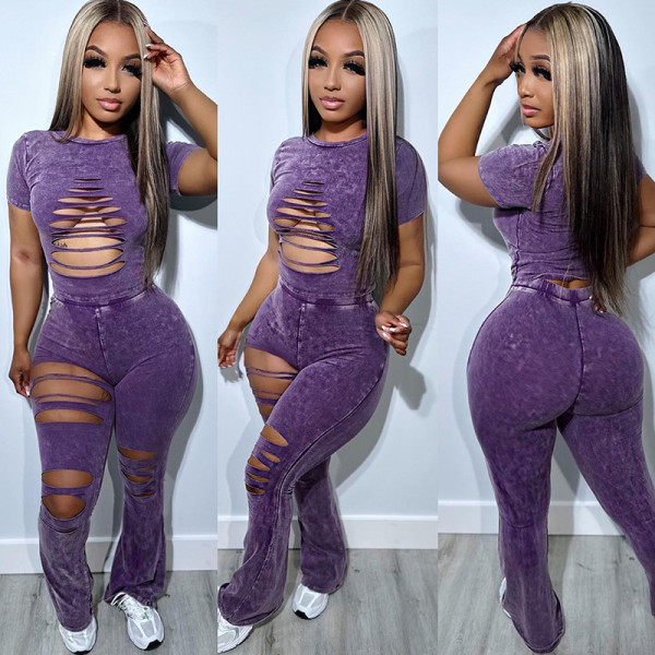 Perforated short sleeved top and pants casual set