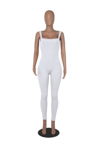 Women's solid color sleeveless vest jumpsuit with threaded square neck, open back, buttocks, and slim fitting jumpsuit