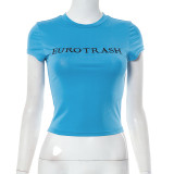 Letter printed round neck short sleeved navel exposed casual top T-shirt