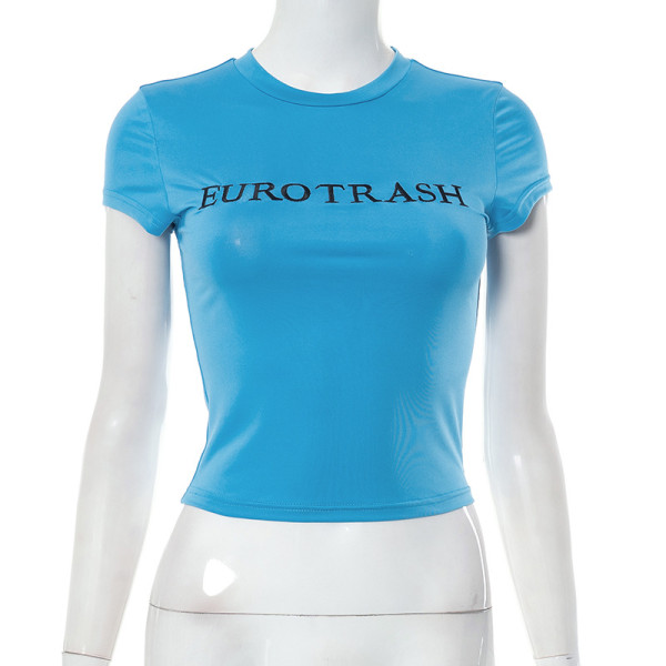 Letter printed round neck short sleeved navel exposed casual top T-shirt