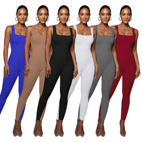 Women's solid color sleeveless vest jumpsuit with threaded square neck, open back, buttocks, and slim fitting jumpsuit