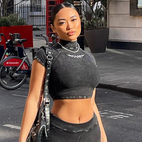 Knitted solid color tie dyed vintage half high neck embroidery printed pullover with exposed navel basic short T-shirt