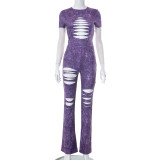 Perforated short sleeved top and pants casual set