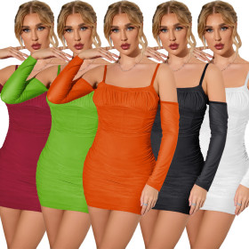 Mesh fishbone nightclub solid color long sleeved suspender dress