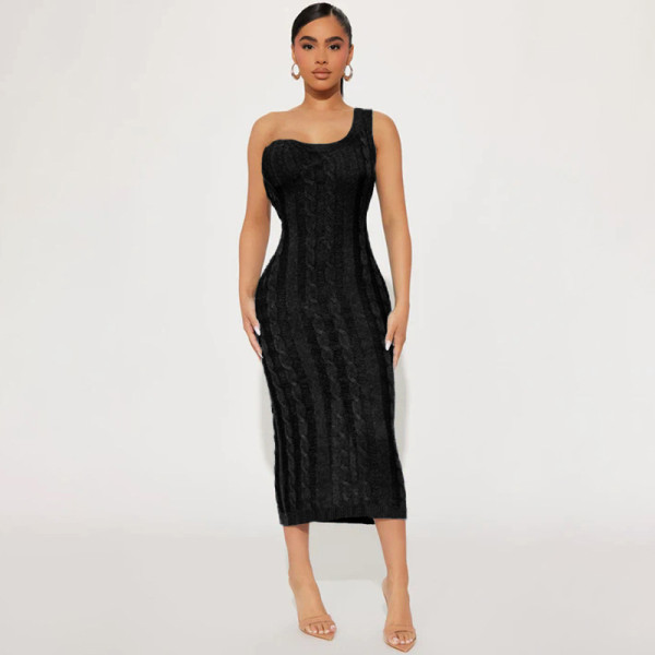 Solid Color One Shoulder Sleeveless Wrapped Chest Knitted Hollow Tight Wrapped Hip Sexy Fashion Featured Dress Mid Dress