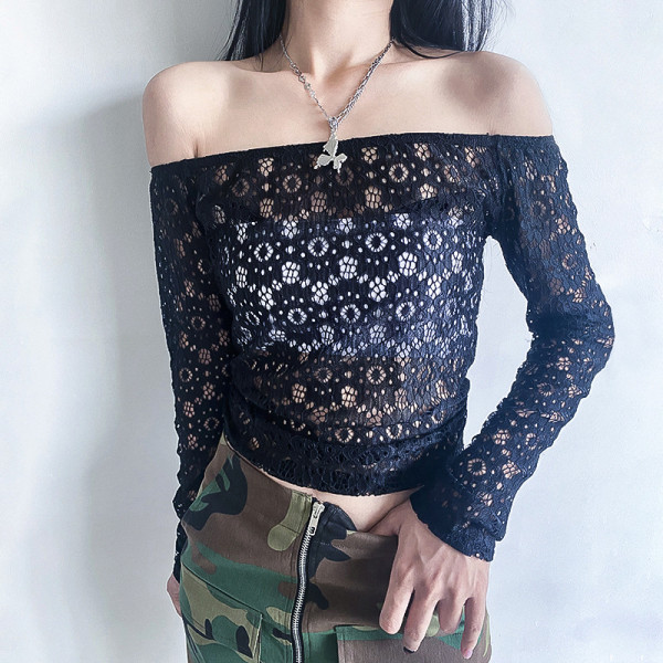Solid Lace Off Shoulder One Line Neck Long Sleeve Off Back Top T-shirt