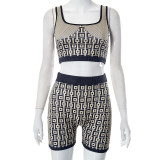 Fashion printed sleeveless open navel top and pants casual set