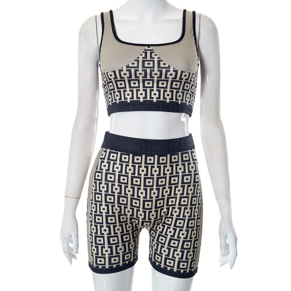 Fashion printed sleeveless open navel top and pants casual set