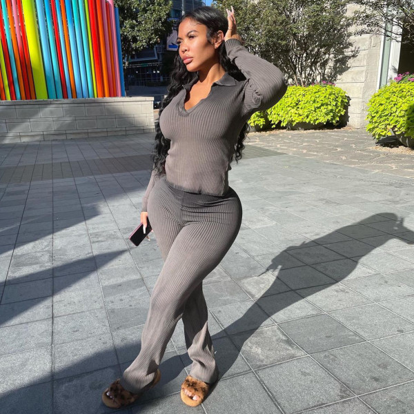 Women's wear pit stripe long sleeved temperament commuting solid color two-piece set