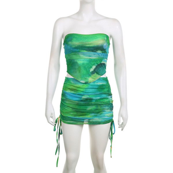 Two piece set of patchwork color contrast chest wrap waistband irregular navel exposed vest+high waist pleated buttock wrap skirt