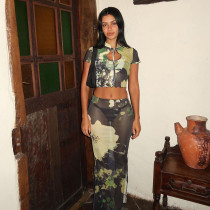 Disc buckle stand collar hollowed out mesh navel exposed pullover top+high waisted half length skirt set