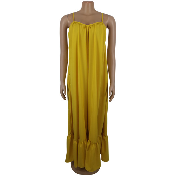 Sexy Strap Sleeveless Solid Color Long Swing Dress