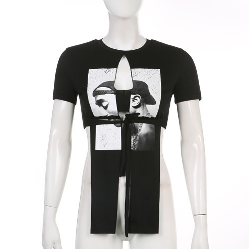 Abstract printed round neck short sleeved irregular split pullover for human body, fashionable and personalized street T-shirt