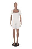 Women's solid color short sleeved large neckline fashionable and comfortable pit stripe sports jumpsuit