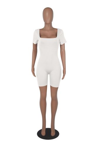 Women's solid color short sleeved large neckline fashionable and comfortable pit stripe sports jumpsuit