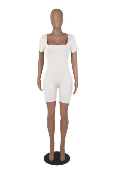 Women's solid color short sleeved large neckline fashionable and comfortable pit stripe sports jumpsuit