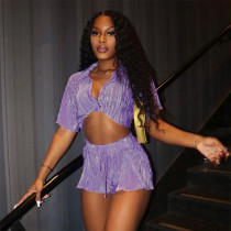 Lapel Collar Wooden Ear Edge Top Drawstring Shorts Casual Set