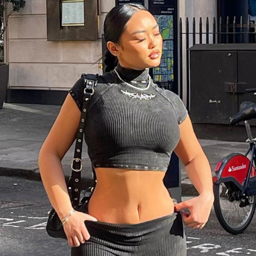 Knitted solid color tie dyed vintage half high neck embroidery printed pullover with exposed navel basic short T-shirt