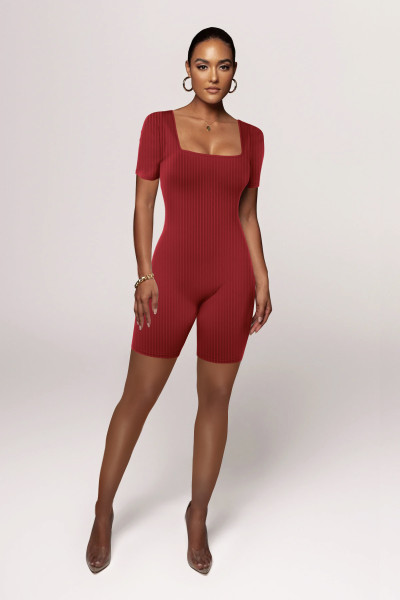 Women's solid color short sleeved large neckline fashionable and comfortable pit stripe sports jumpsuit
