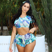 Printed navel exposed short sleeved top with wooden ear edge shorts casual set