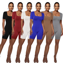 Women's solid color short sleeved large neckline fashionable and comfortable pit stripe sports jumpsuit Women's solid color short sleeved large neckline fashionable and comfortable pit stripe sports jumpsuit