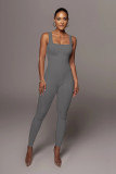 Women's solid color sleeveless vest jumpsuit with threaded square neck, open back, buttocks, and slim fitting jumpsuit
