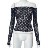 Solid Lace Off Shoulder One Line Neck Long Sleeve Off Back Top T-shirt
