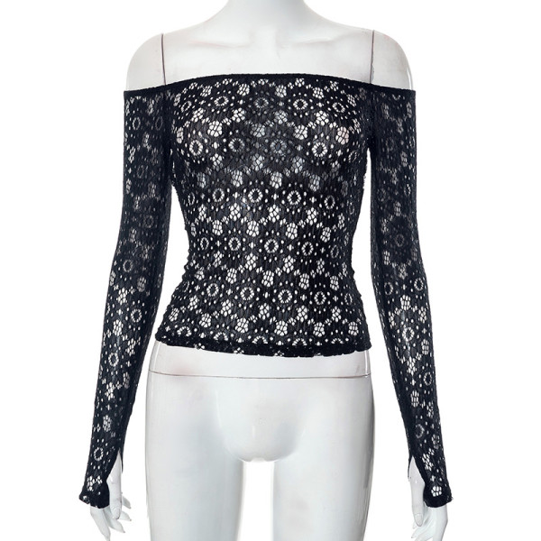 Solid Lace Off Shoulder One Line Neck Long Sleeve Off Back Top T-shirt