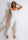 Women's solid color sleeveless vest jumpsuit with threaded square neck, open back, buttocks, and slim fitting jumpsuit