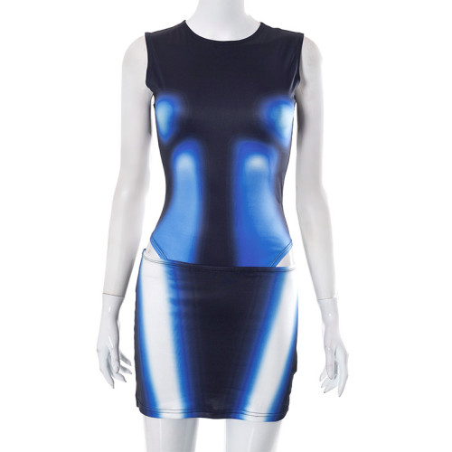 Printed sleeveless jumpsuit short skirt casual set