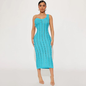 Solid Color One Shoulder Sleeveless Wrapped Chest Knitted Hollow Tight Wrapped Hip Sexy Fashion Featured Dress Mid Dress