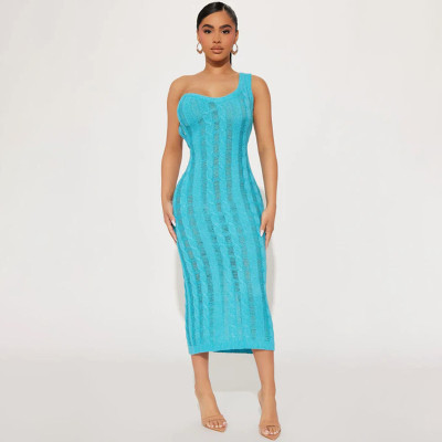 Solid Color One Shoulder Sleeveless Wrapped Chest Knitted Hollow Tight Wrapped Hip Sexy Fashion Featured Dress Mid Dress