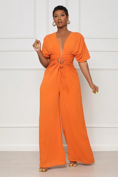 Women's Solid Color Sexy V-Neck Bat Sleeve Strap Jumpsuit
